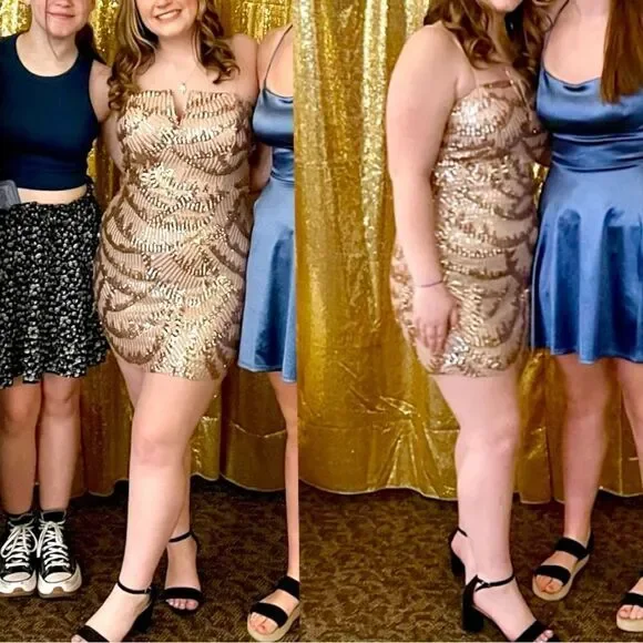 Emerald Sundae Gold Beige V-Wire Sequined Bodycon Dress Size Large - Picture 4 of 15